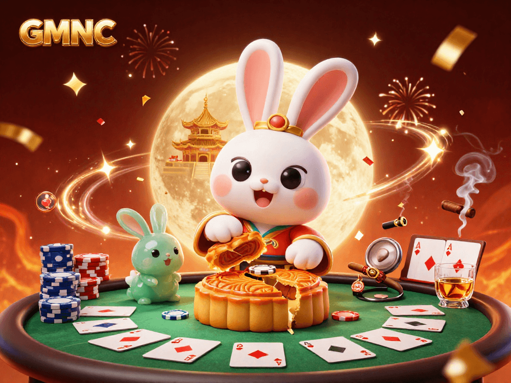 Experience thrilling stakes in GMNC's festive poker scene with lunar rabbits celebrating victory.