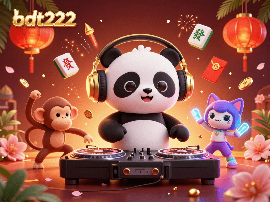 Experience thrilling gaming with bdt222 in this vibrant 3D casino scene featuring lively characters and festive elements.