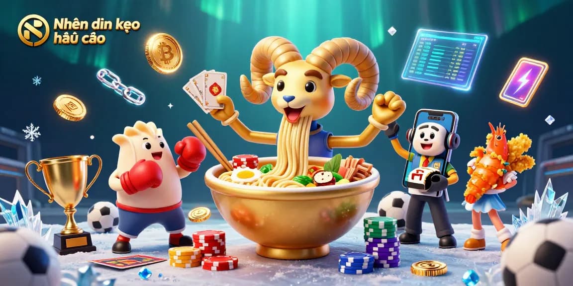 Engaging scene featuring Nhận định kèo nhà cái with a golden ramen bowl character dealing cards amidst sports elements and cryptocurrencies.