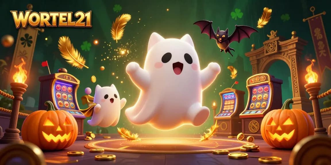 WORTEL21's spooky ghost cat floats through a haunted casino filled with slot machines and jack-o-lanterns.
