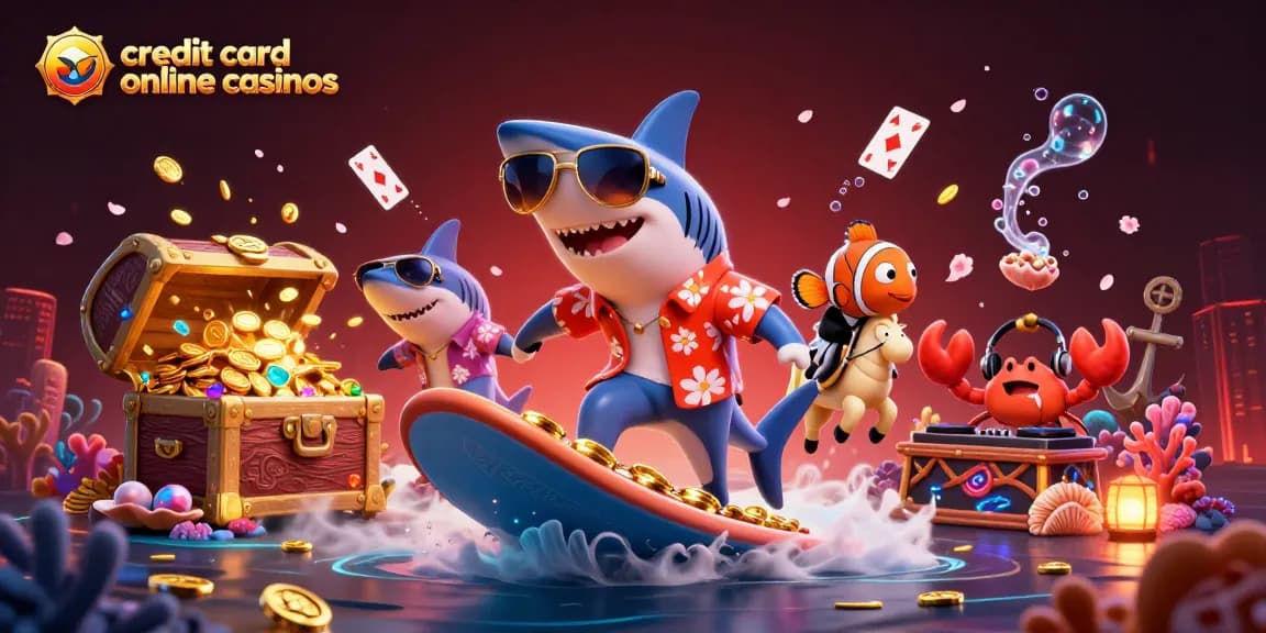 Engage with vibrant credit card online casinos illustration featuring dynamic ocean characters and gaming elements.
