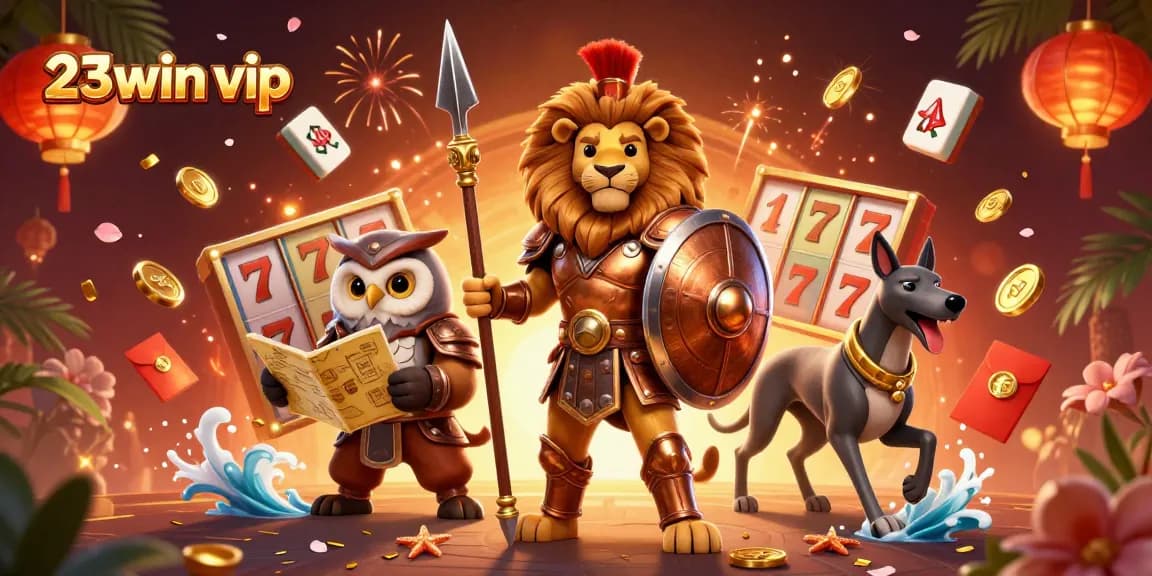 Unveiling the 23win vip gaming adventure with a 3D lion, owl, and greyhound amidst casino excitement.
