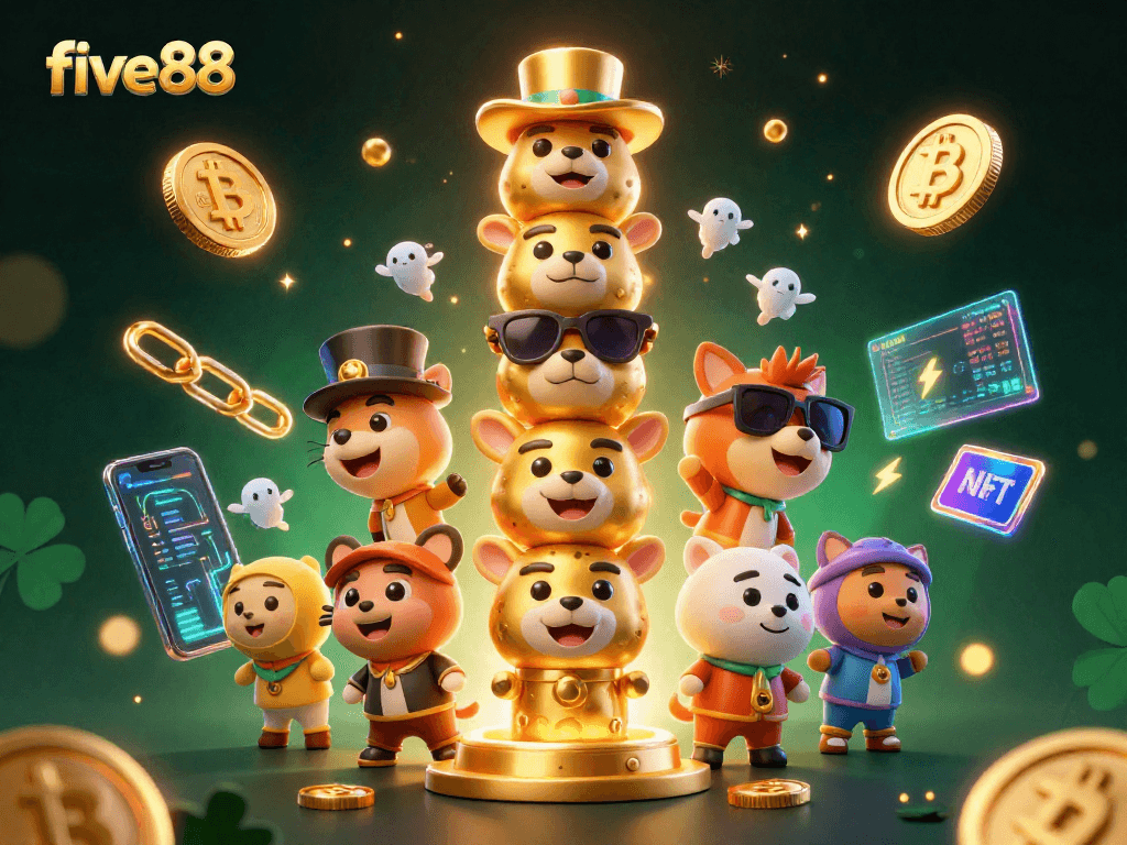 Experience excitement with five88 in a vibrant 3D casino scene featuring unique totem characters.