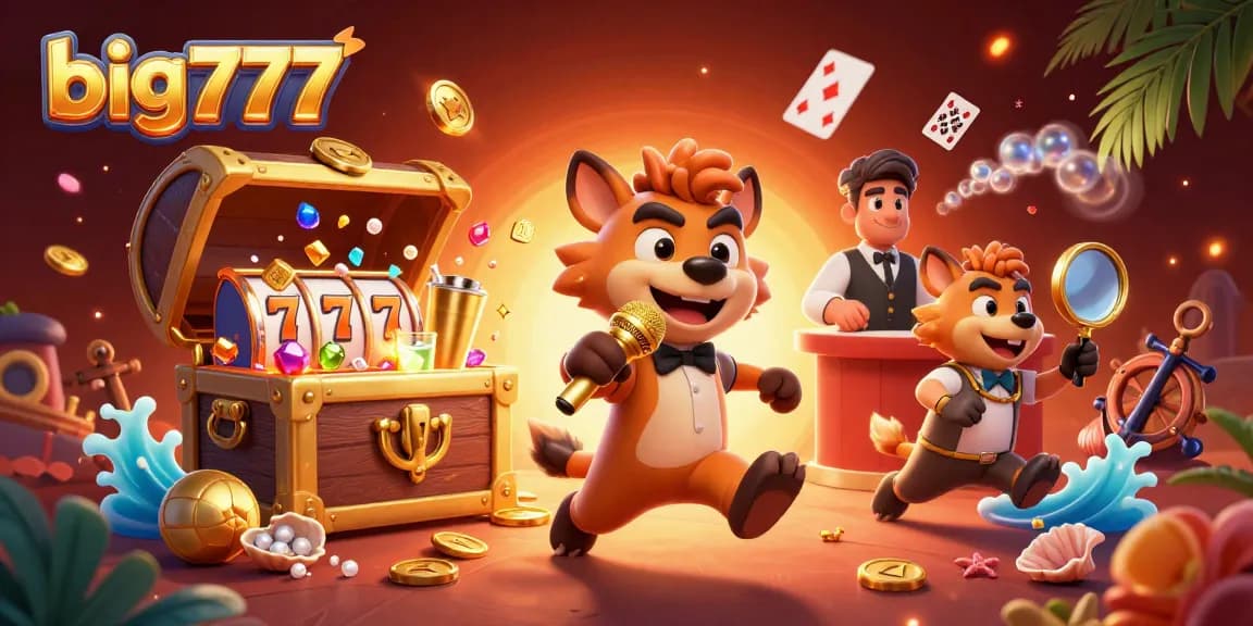 Experience big777 excitement with lively hyenas in a vibrant casino scene filled with slot reels and golden treasures.