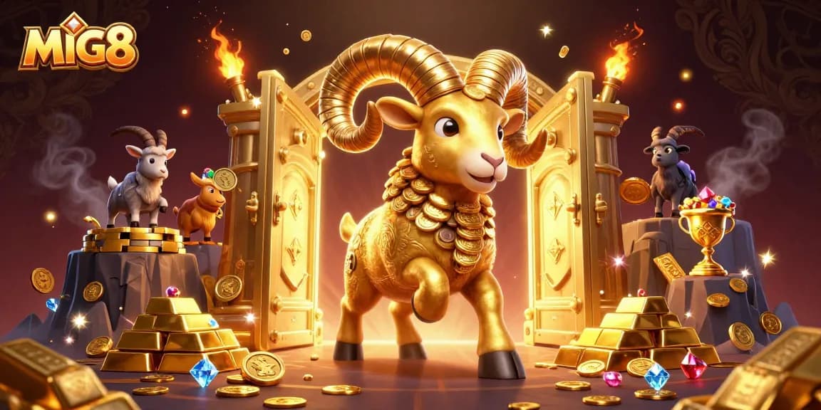 MIG8 captures the excitement of a golden ram charging through a treasure vault in a vibrant casino scene.