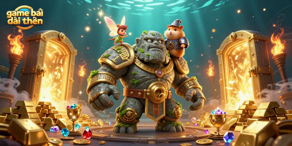 Experience the enchanting game bài đổi thưởng with a magical stone golem, sparkling fairy, and treasure elements.