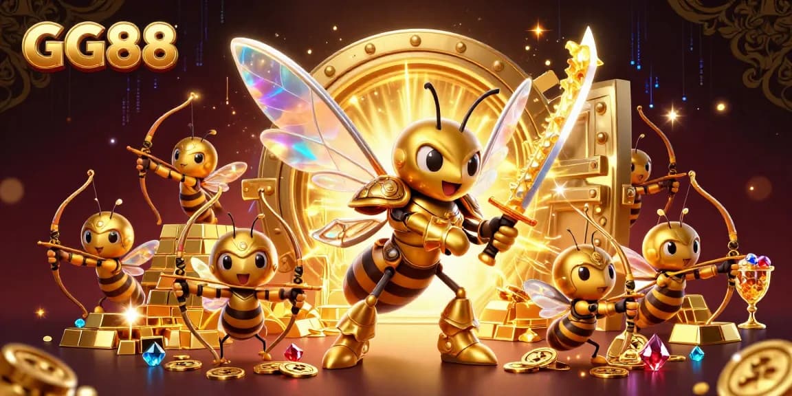 Win big at GG88 with a dynamic scene featuring a golden hornet and treasure, encapsulating the thrill of online gaming.