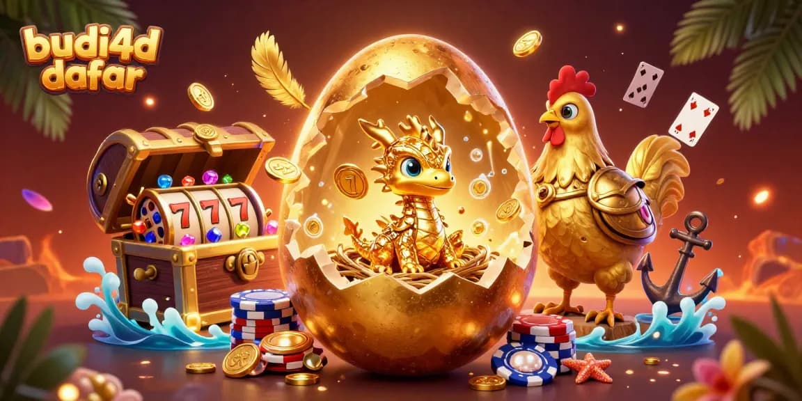 Experience the thrilling world of budi4d daftar with a golden dragon guarding poker chips and slot reels.