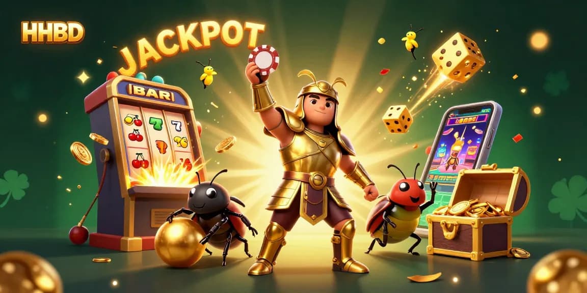 Engage in thrilling gameplay at HHBD with a hercules beetle and dung beetle celebrating a big jackpot.