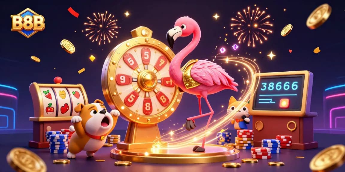 B8B thrillingly showcases a vibrant casino scene with a game show host, bulldog contestant, and prizes.