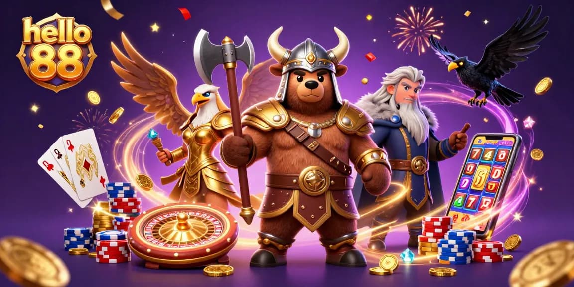 Experience the thrilling world of hello 88 with a Viking bear and Valkyrie eagle amidst casino excitement.