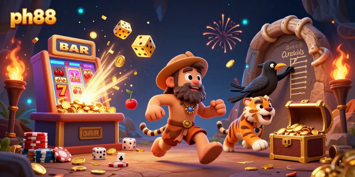 Experience thrills at ph88 with a vibrant casino scene featuring animated characters and exciting gaming elements.