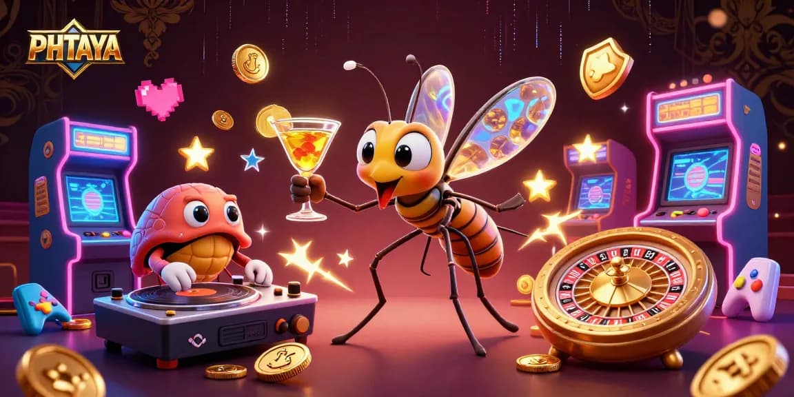 PHTAYA offers an exciting casino experience with a vibrant scene of a mosquito mascot, trilobite DJ, and roulette wheel.