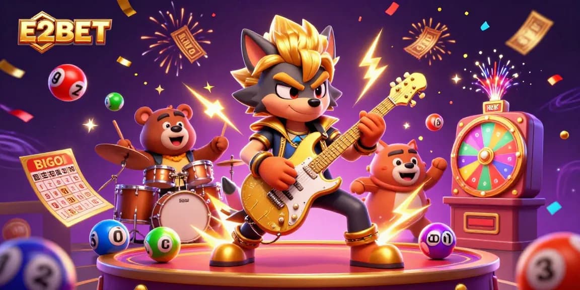 E2BET brings excitement alive with a cartoon rock star wolf and drumming bear in a vibrant casino scene.