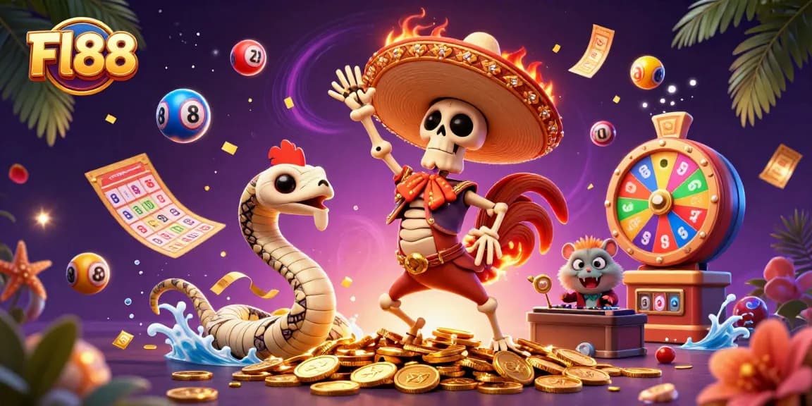 Experience Fl88 excitement with a mariachi rooster celebrating victory amid vibrant casino elements.