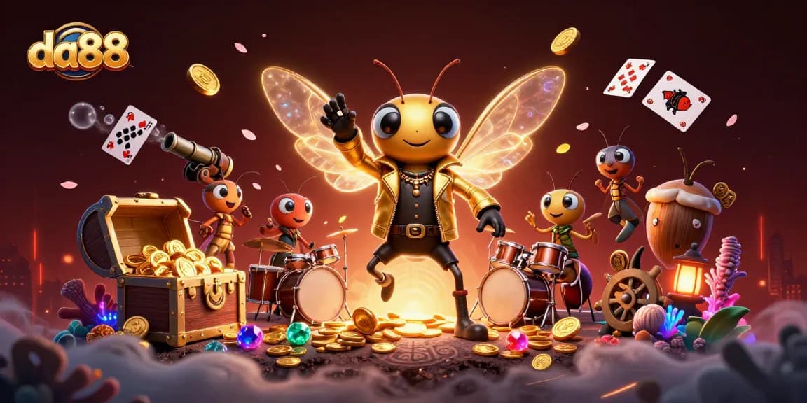 Experience the thrill at da88 with a vibrant 3D casino scene showcasing high-energy characters and games.
