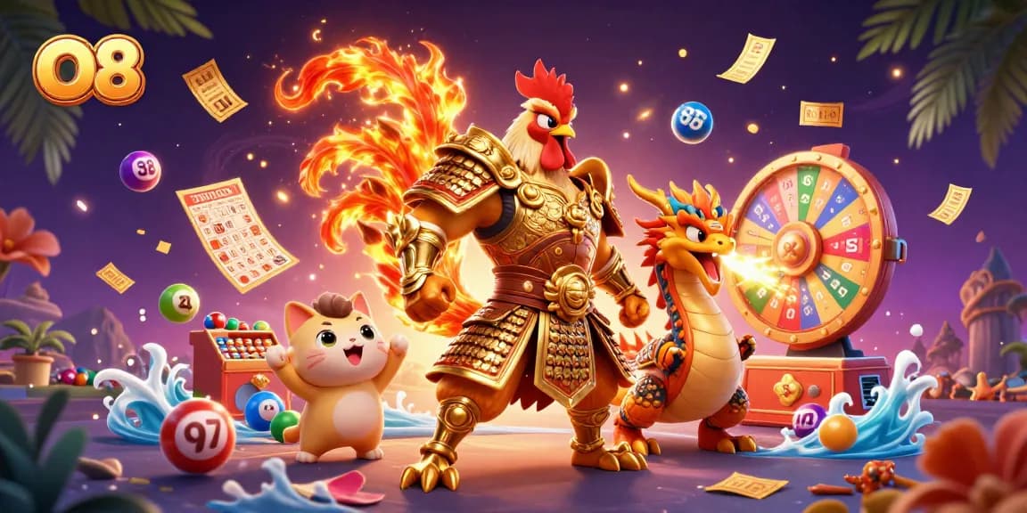 O8 lottery illustration, featuring vibrant characters and dynamic game elements in action.