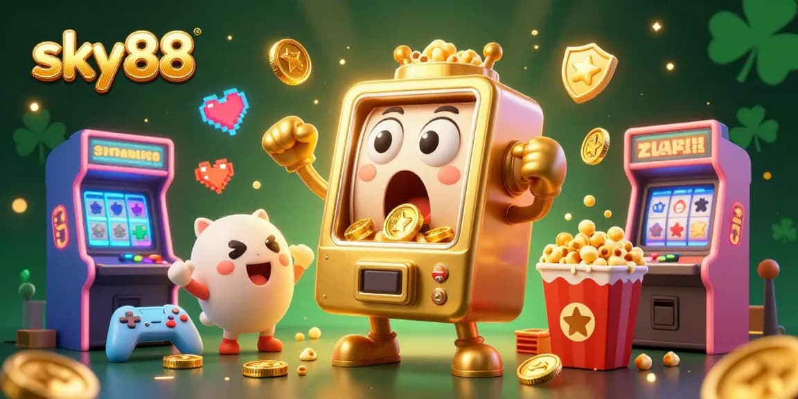 Experience the thrill with sky88's golden slot machine celebrating a jackpot amidst lively casino elements.