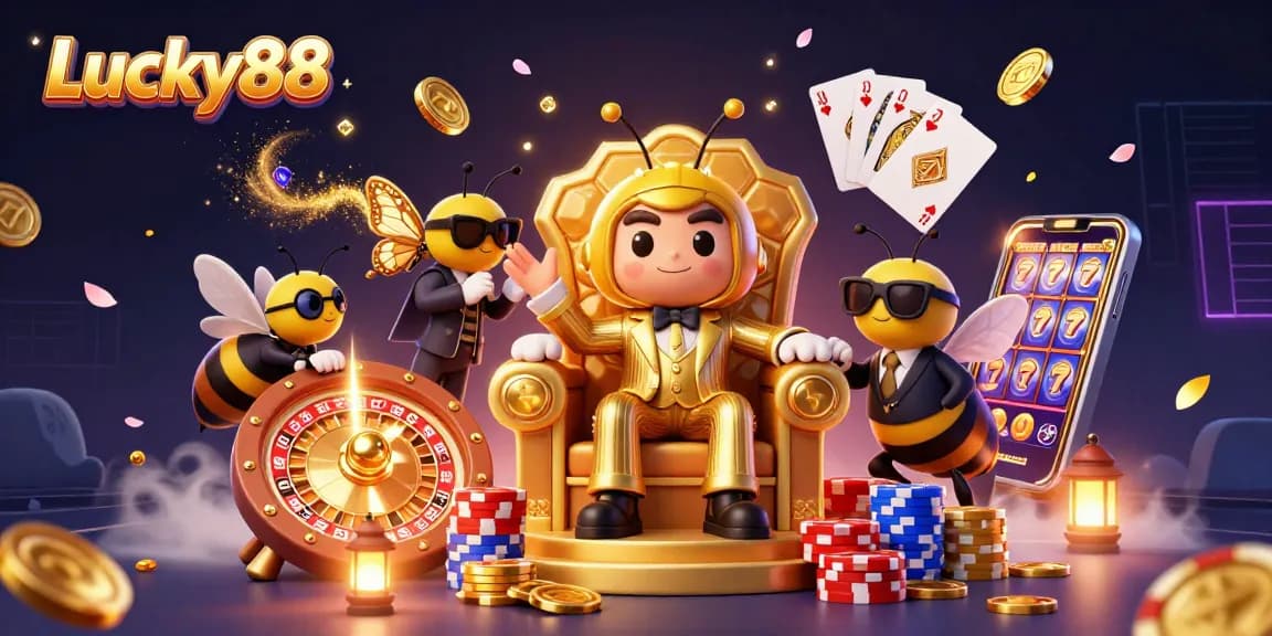 Experience winning at Lucky88 with a bumblebee mob boss in a vibrant casino scene.