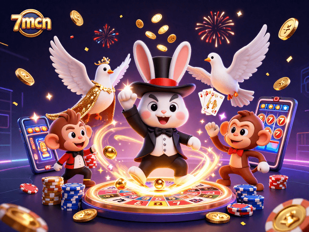 Experience the magic of 7mcn keno with a rabbit pulling coins, a dove, and a playful monkey.