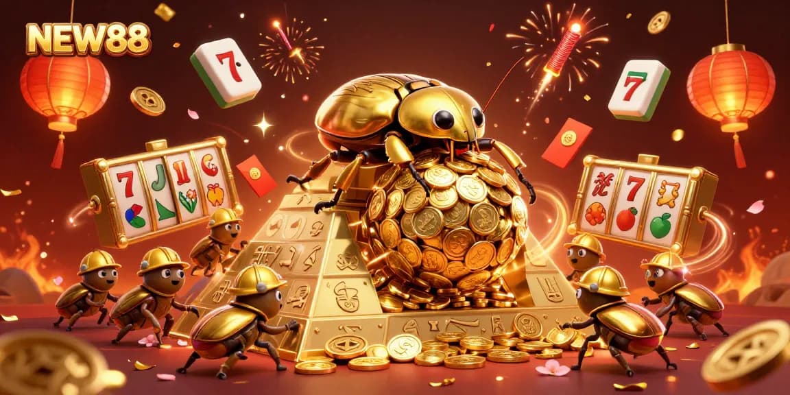 Experience the exciting world of NEW88 through vibrant 3D casino illustration with golden elements.