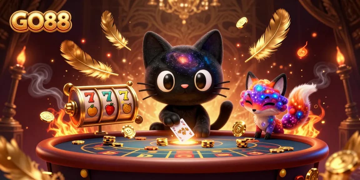 Experience GO88's thrilling casino adventure with a 3D cosmic cat and colorful fox amidst golden chips.