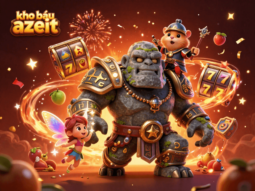 Spin for treasures in kho báu aztec, featuring a magical golem and whimsical companions.