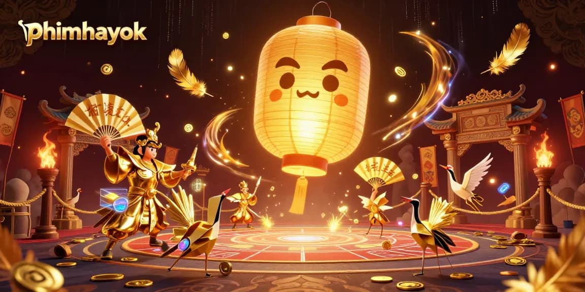 Join the vibrant phimhayok casino experience with golden lantern spirits, warriors, and dynamic gaming elements.