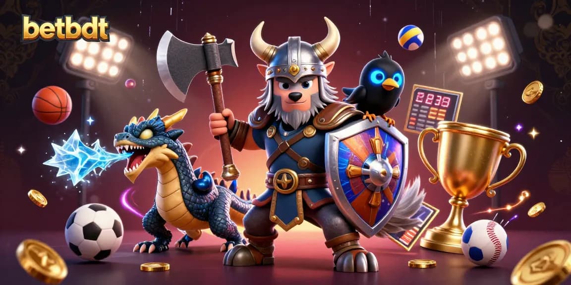 Engage in esports excitement with betbdt, featuring a Viking warrior, fierce dragon, and sports elements.