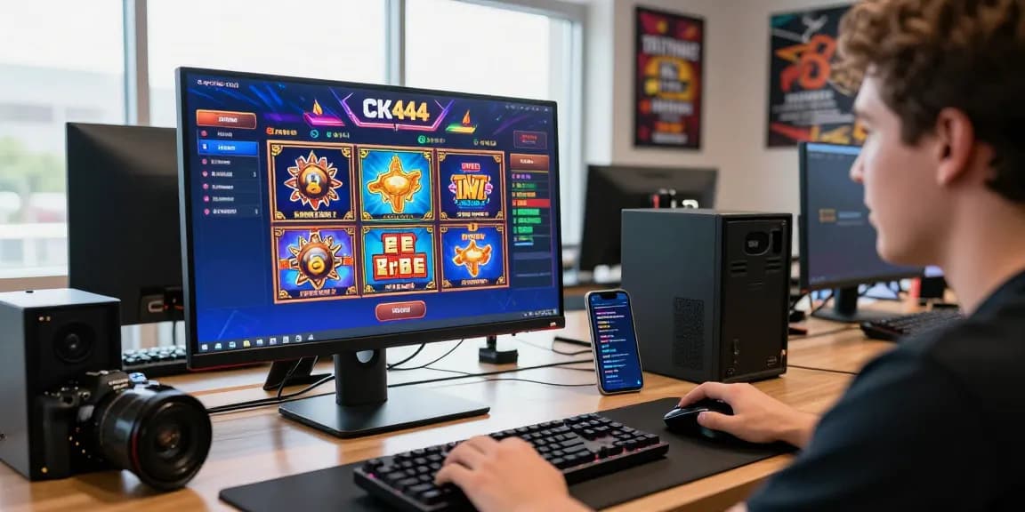 Exciting CK444 online casino gaming setup with colorful dashboard and enthusiastic player.