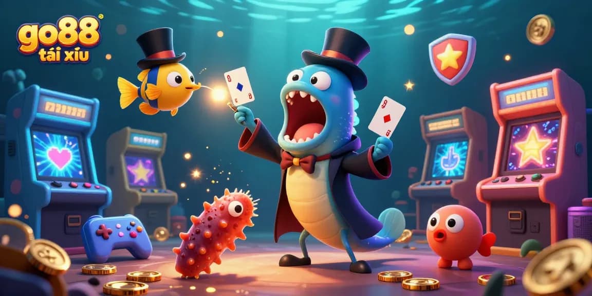 Engaging illustration of go88 tài xỉu featuring a magician eel, spotlight anglerfish, and sea cucumber in a vibrant casino scene.