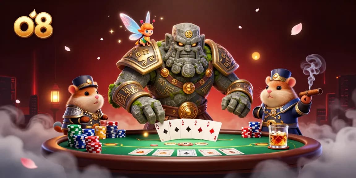 Experience the thrill of poker action at o8 with guardians and magical companions in a vibrant casino scene.