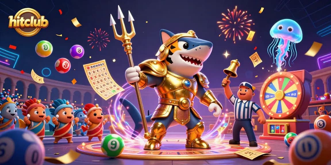 Hitclub's thrilling underwater scene showcasing a shark in gladiator armor among lottery excitement and vibrant gambling elements.