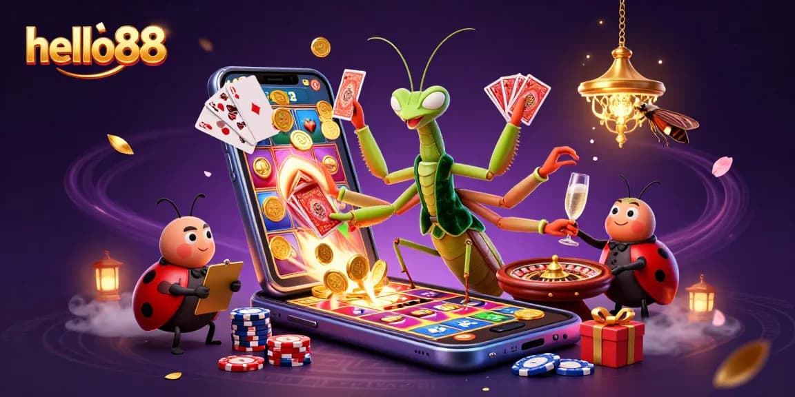 Experience captivating excitement with hello88 as a giant praying mantis card sharp deals cards in a vibrant casino.