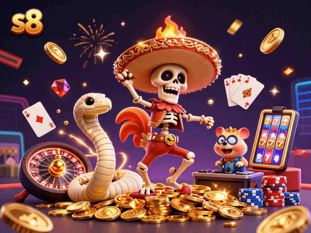 Experience vibrant wins with S8's dazzling games illustrated by a skeleton rooster and friends.