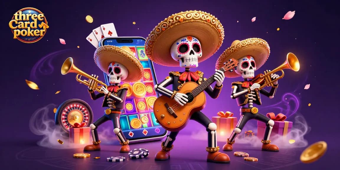 Engage in three card poker action with vibrant mariachi band and thrilling casino elements.