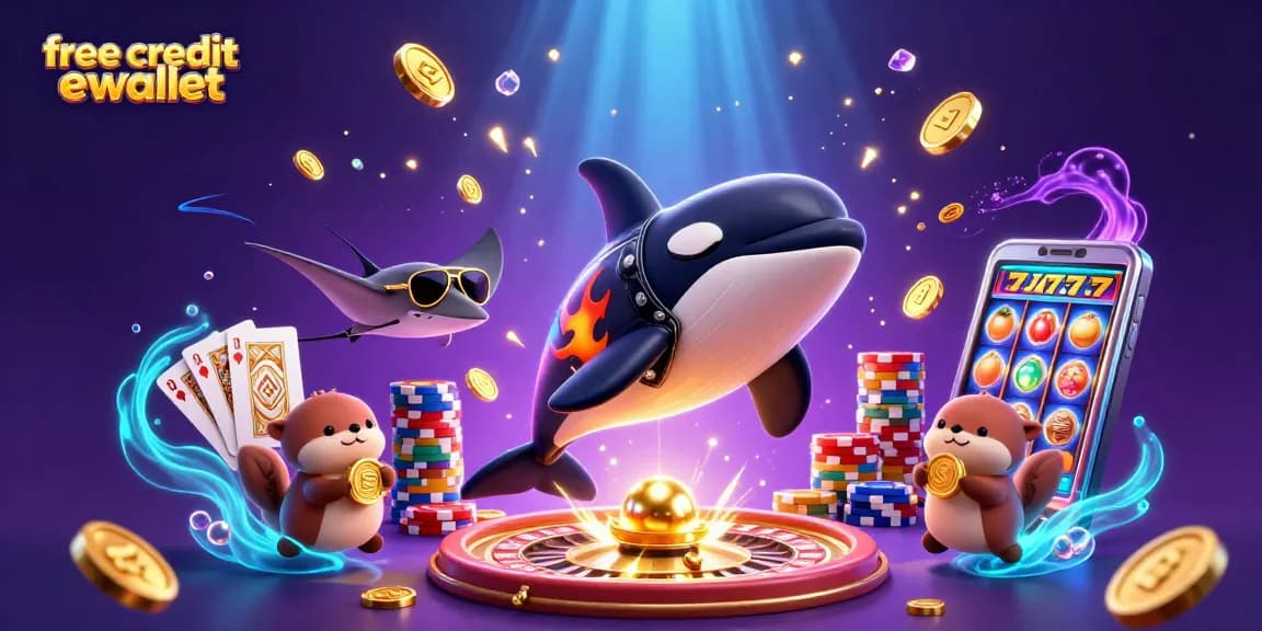 Engage with free credit ewallet opportunities through a vibrant underwater casino adventure illustration.