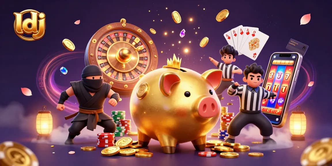 Experience thrilling action at the ldj casino scene with piggy bank sumo wrestler and dazzling game elements.