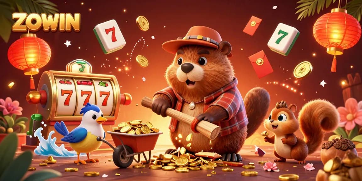 ZOWIN slots action with vibrant characters and golden treasures in a lively casino setting