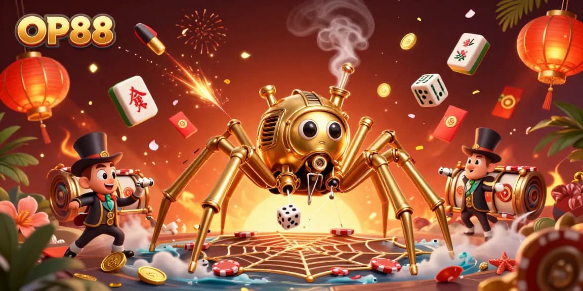 Engage with OP88's thrilling atmosphere featuring the steampunk spider and gaming elements for a dynamic experience.