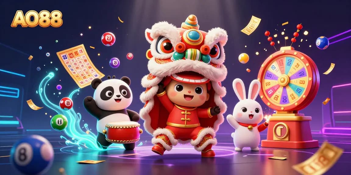 Experience AO88 with an energetic scene featuring a lion dance and lively casino elements.