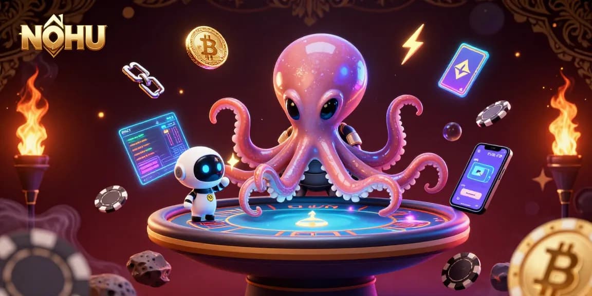 NOHU showcases a vibrant alien octopus at a poker table amidst cosmic casino elements.