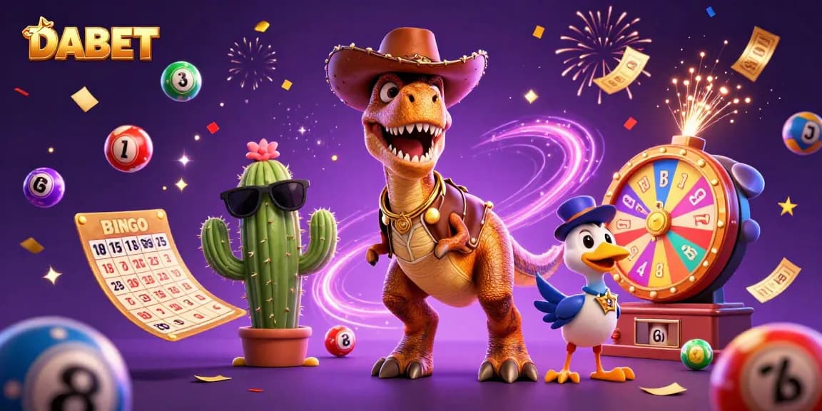 DABET engages players with a colorful 3D casino scene featuring a T-Rex, cactus, and roadrunner among dynamic gaming elements.