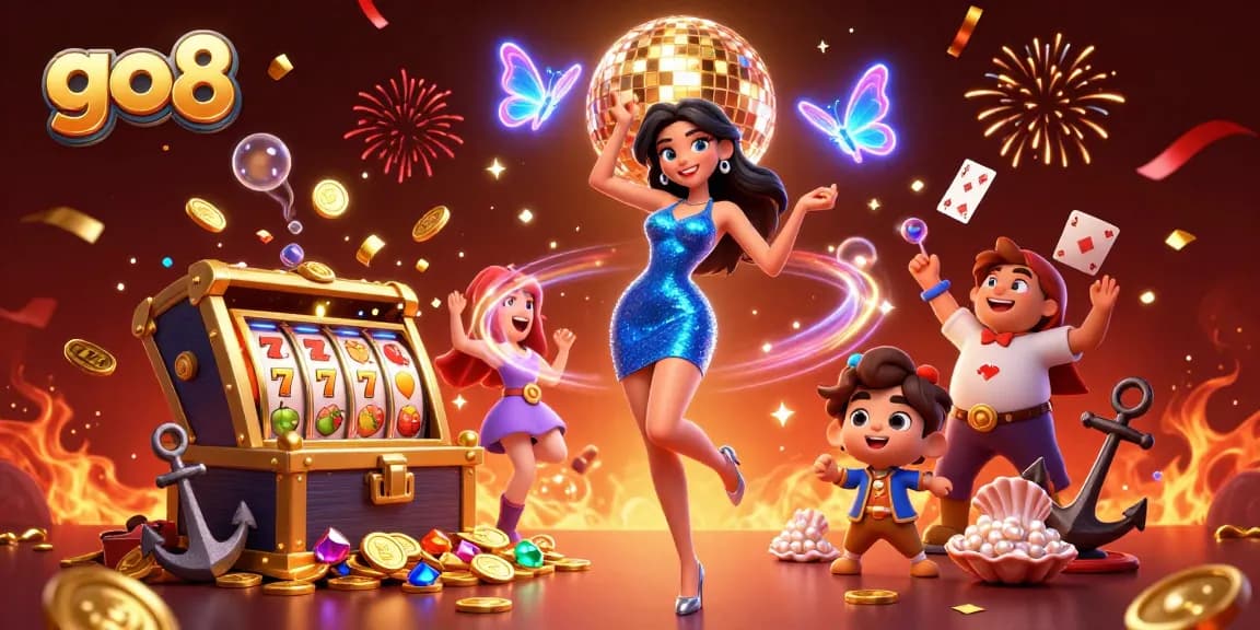 Experience thrilling gameplay with go8's lively slot games and vibrant mascot, capturing casino excitement.