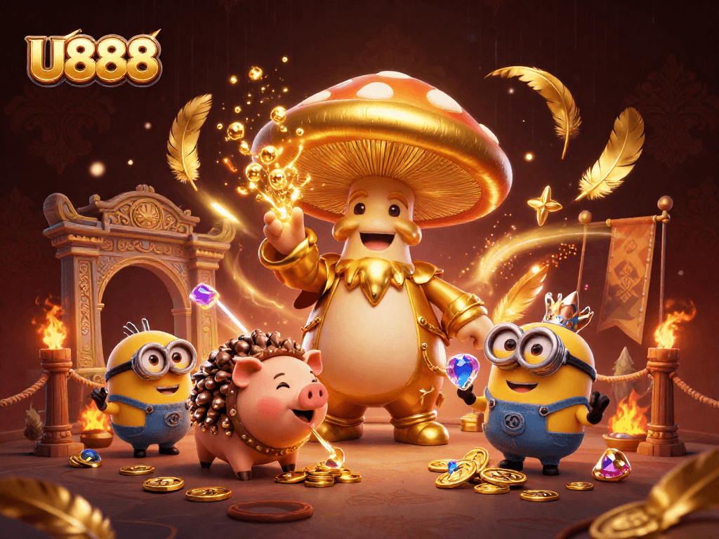 Win at U888 with a golden mushroom wizard and treasure-hunting pig in a vibrant casino scene.