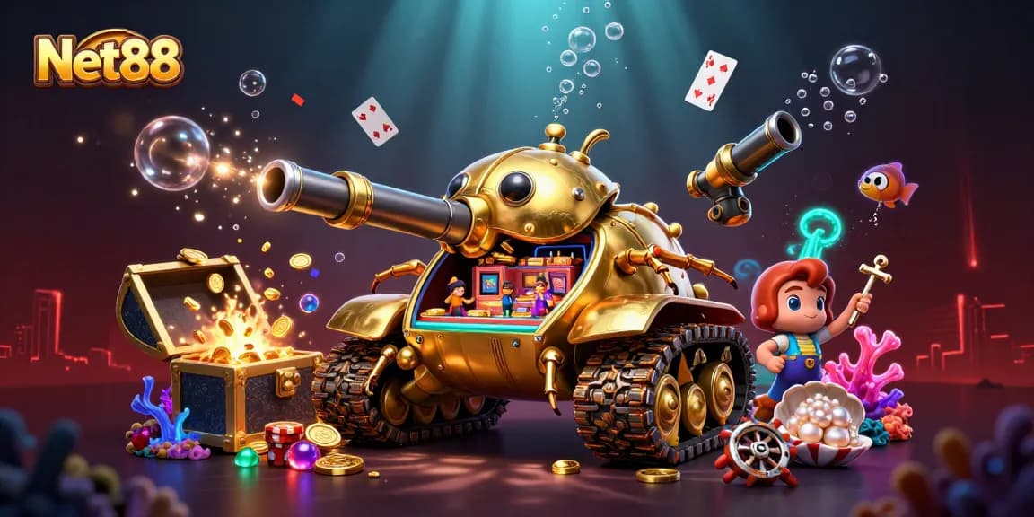 Experience exciting gameplay with Net88 featuring a golden tank casino bursting with treasures.