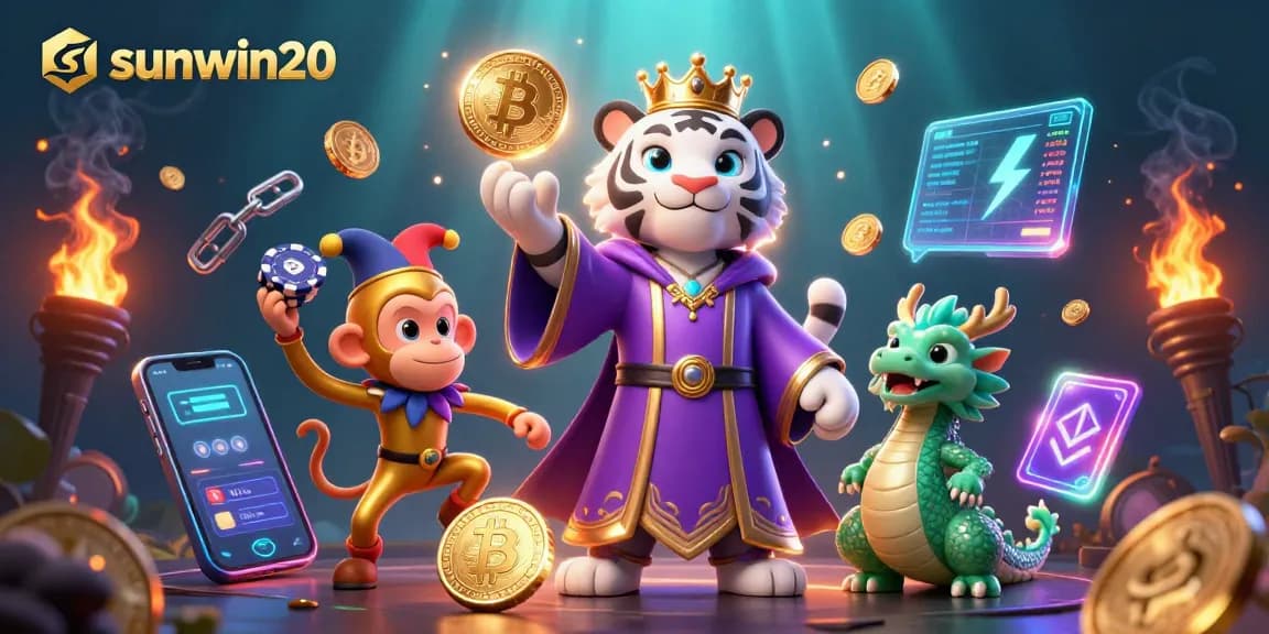 Experience the excitement of sunwin20 casino games with vibrant characters amidst captivating crypto elements.