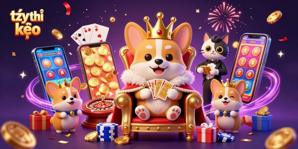 Experience the excitement of tỷ lệ kèo and sports betting with a festive 3D illustration featuring royal corgis and vivid gaming elements.