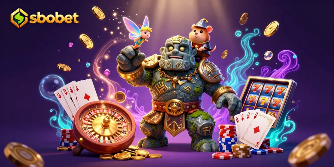 Experience sbobet betting strategy with a lively golem, fairy magic, and a hamster knight in a rich casino scene.