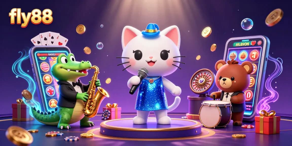 Experience exciting gaming with fly88's vibrant casino characters, including a jazzy cat and a crooning crocodile.